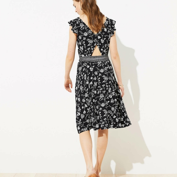 LOFT Rainforest Cutout Button Back Midi Dress, Floral Black and White. - Picture 5 of 15
